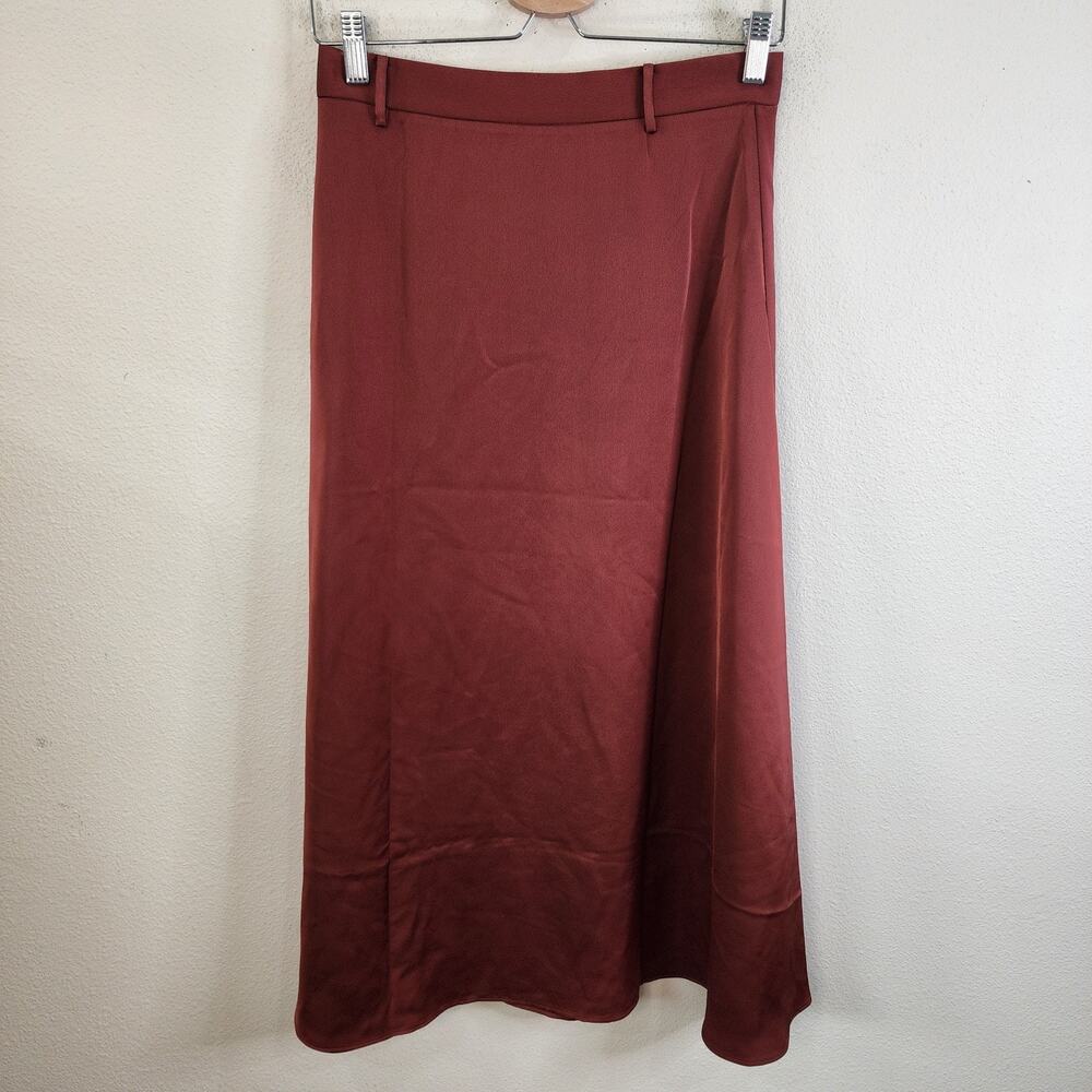 JOJO Z Women's Rust Brown Satin A Line Midi Skirt Size Large Zip Up Lined